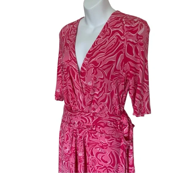 Lilly Pulitzer Faux Wrap Fit & Flare Pink Tiger Dress Size Medium - Picture 3 of 7